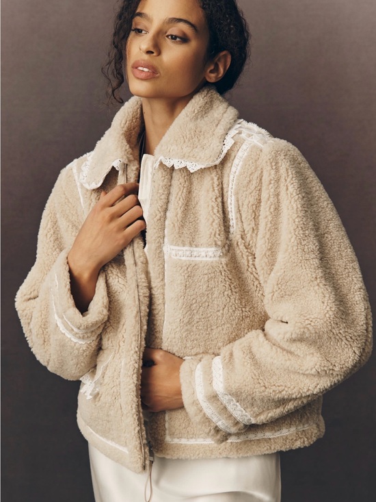 Anthropologie Jackets & Blazers - By Anthropologie Beige Sherpa Lace Trim Crop Jacket